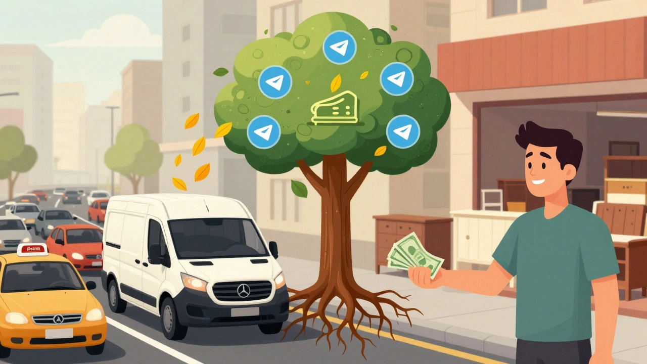 Газель превращается в дерево с корнями из Telegram, золотые листья — доходы, контраст зависимых и независимых водителей.