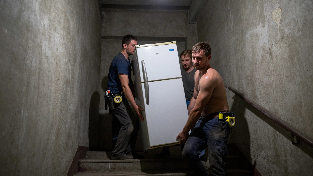 Грузчики спускают холодильник по узкой лестнице на 4-м этаже без лифта в Екатеринбурге.