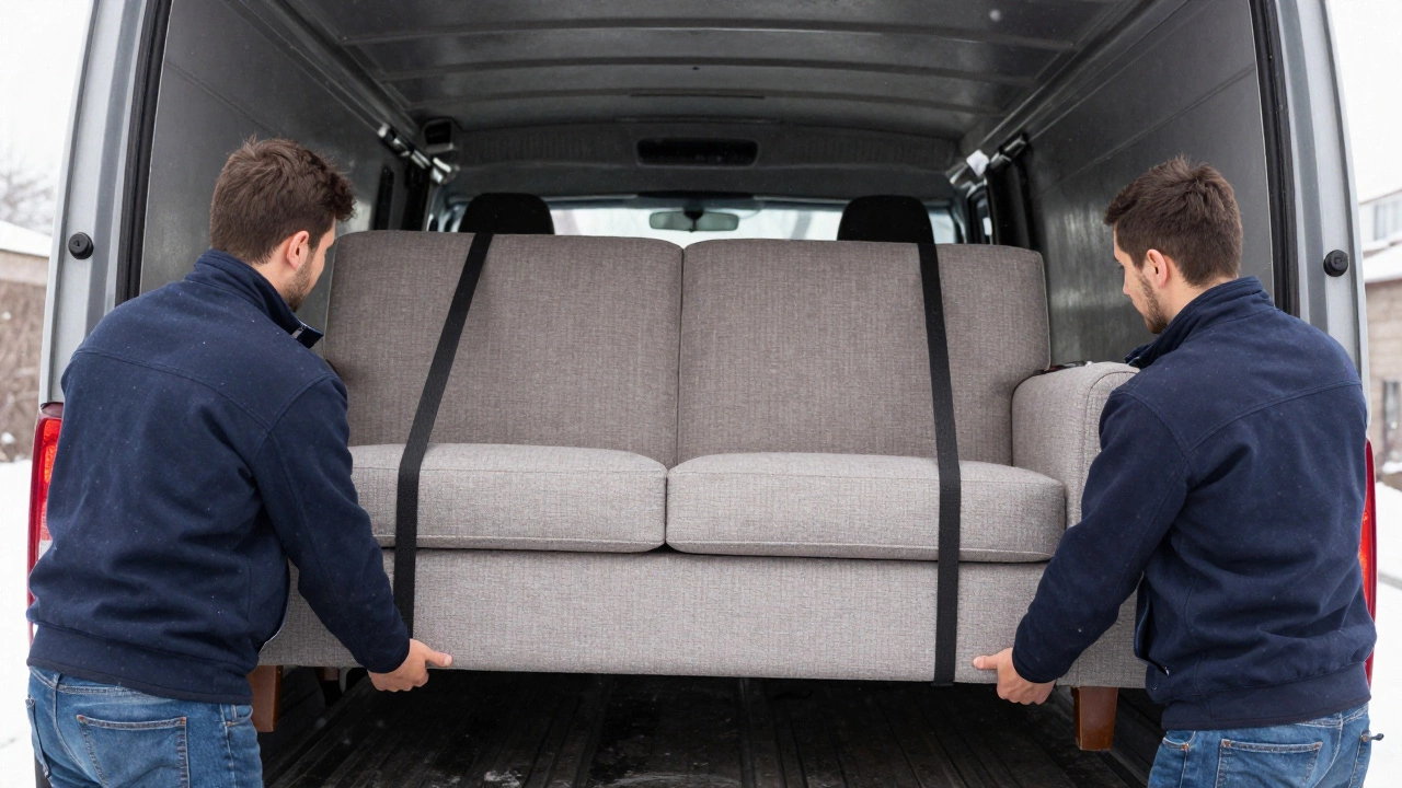 Перевозка дивана в грузовике — лежа горизонтально, без груза сверху, в зимнем городе.