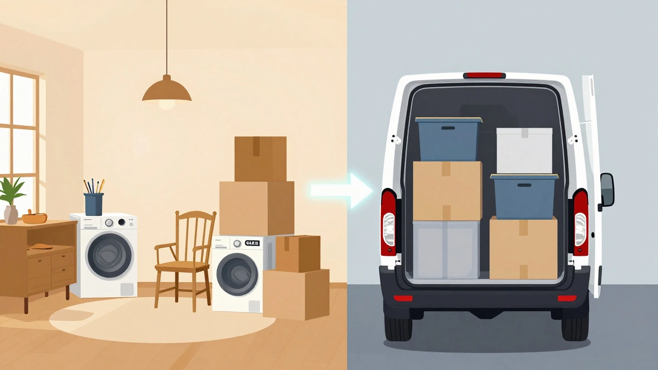 Сравнение: беспорядок в квартире и аккуратная загрузка в грузовик — символ переезда.