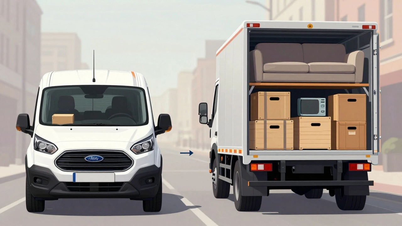 Сравнение минивэна и Газели: один — с маленьким грузом, другой — с диваном и ящиками.