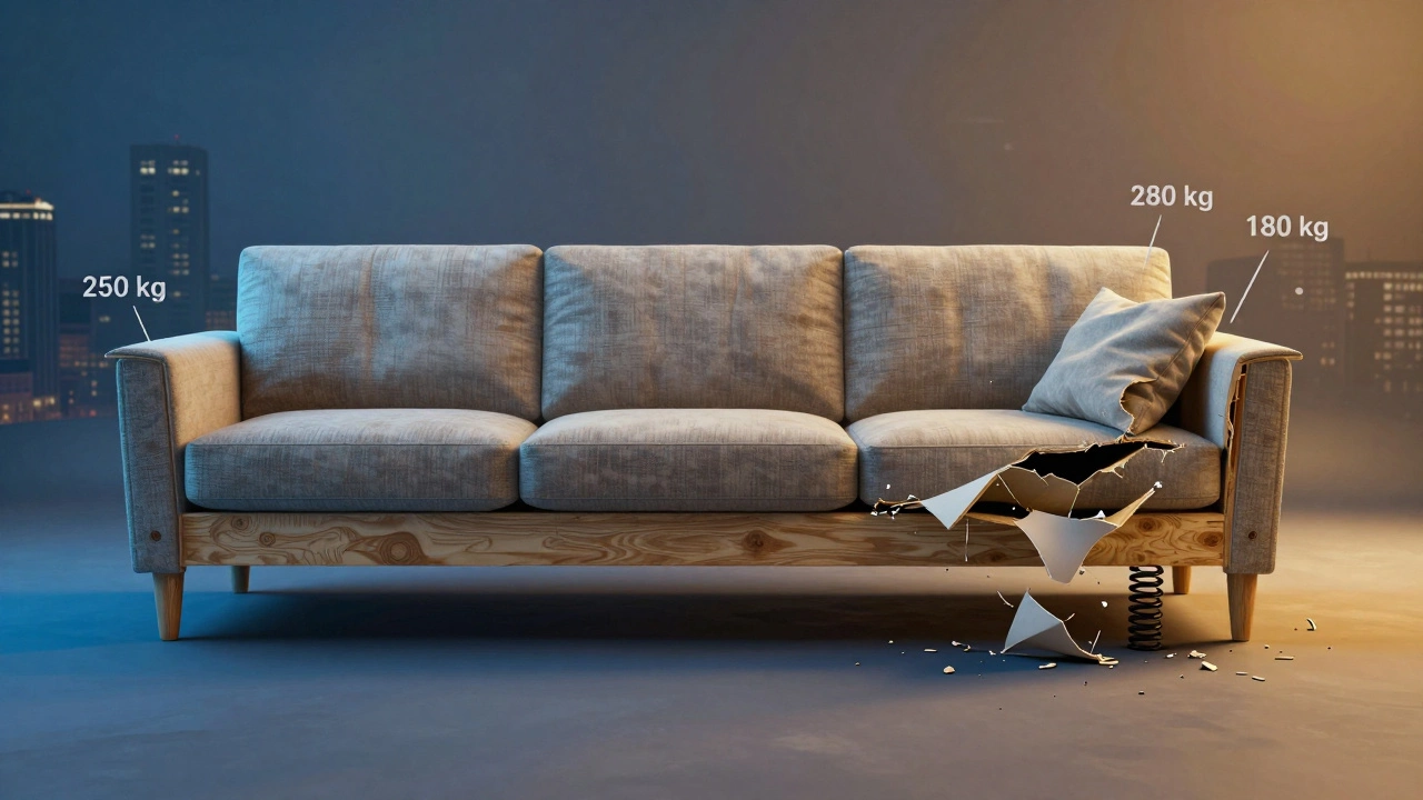 Сравнение прочного и слабого дивана: один выдерживает вес, другой ломается под нагрузкой.