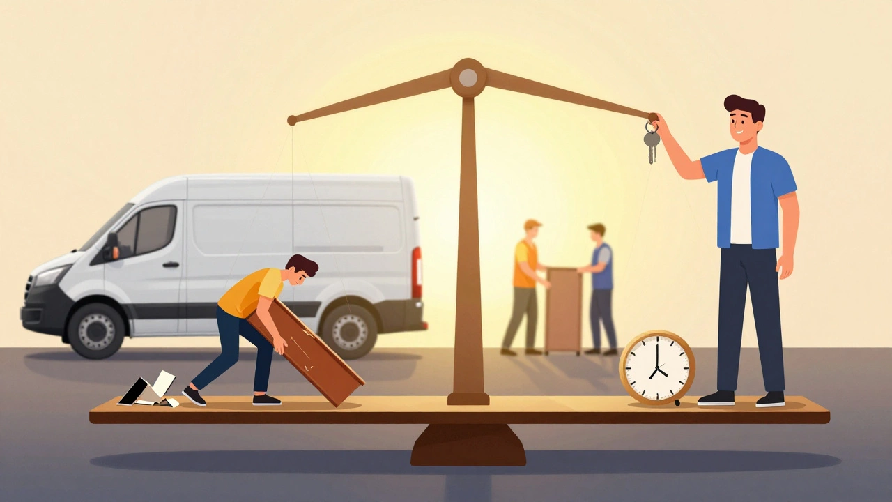 Сравнение: уставший человек с поврежденной мебелью против спокойного клиента с профессиональными грузчиками.