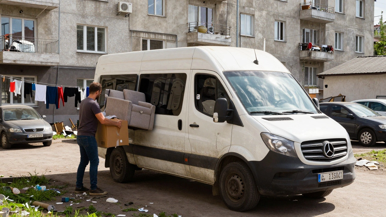 Водитель выгружает диван в жилом дворе Берёзовой рощи, полдень, городской пейзаж.