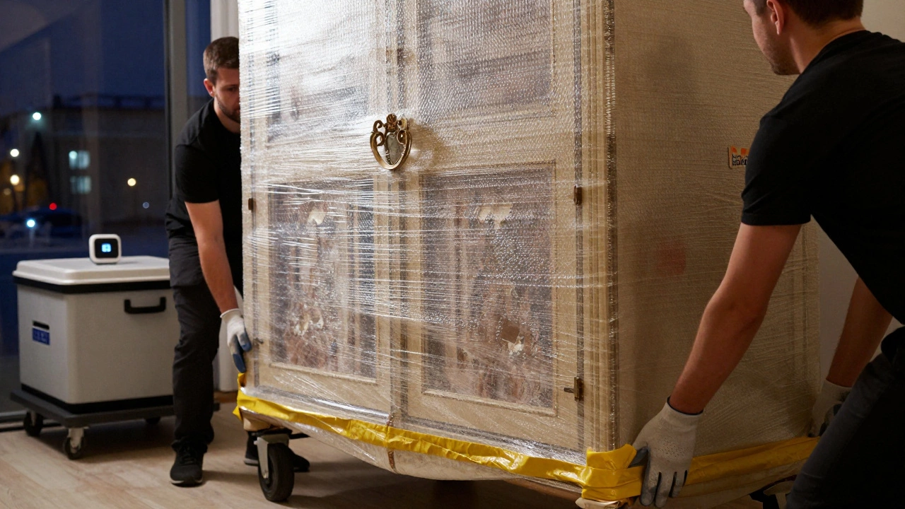 Антикварный шкаф в защитной упаковке поднимают профессиональные грузчики с инструментами.