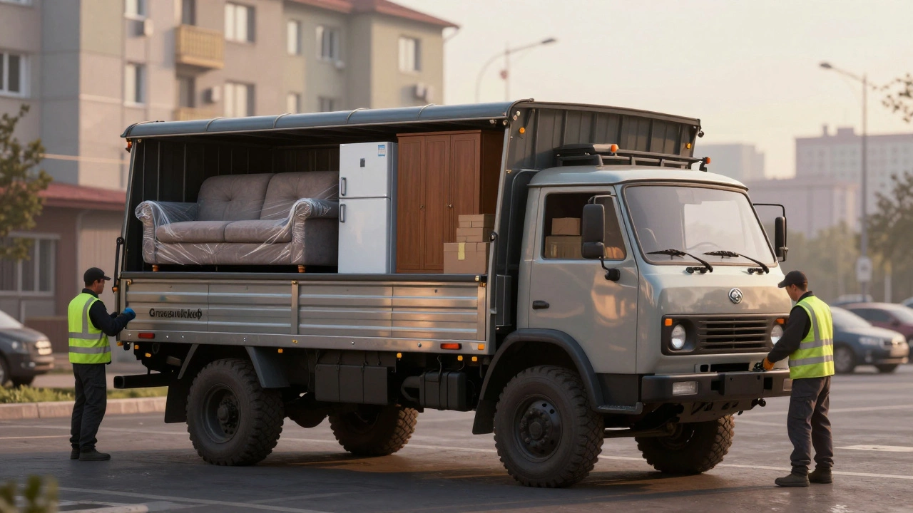 Большой грузовик Грузовичкоф с диваном, холодильником и шкафами у дома.