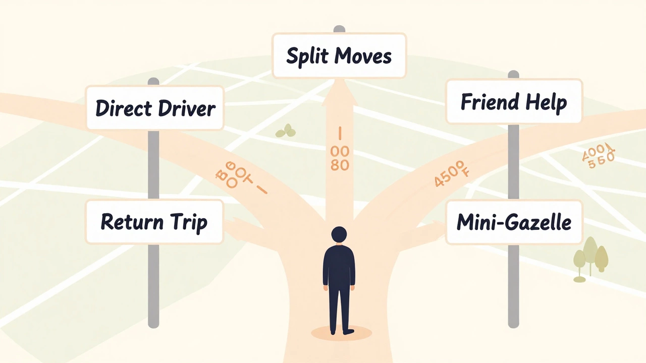 Концептуальная карта с пятью путями перевозки груза, каждый с разной стоимостью, в мягких пастельных тонах.