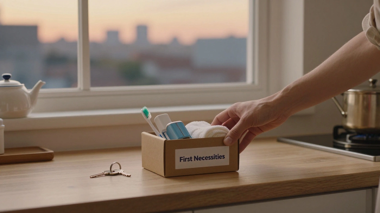 Коробка первой необходимости на кухне новой квартиры при закате.