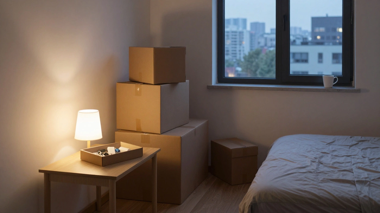 Пустая комната после переезда, на столе лежат ключи и зарядки, окно показывает новый город за пределами.