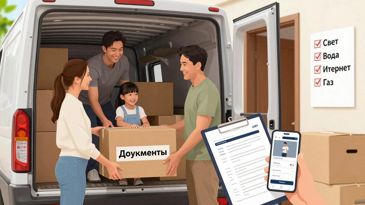 Семья выгружает важные документы в новую квартиру после переезда.