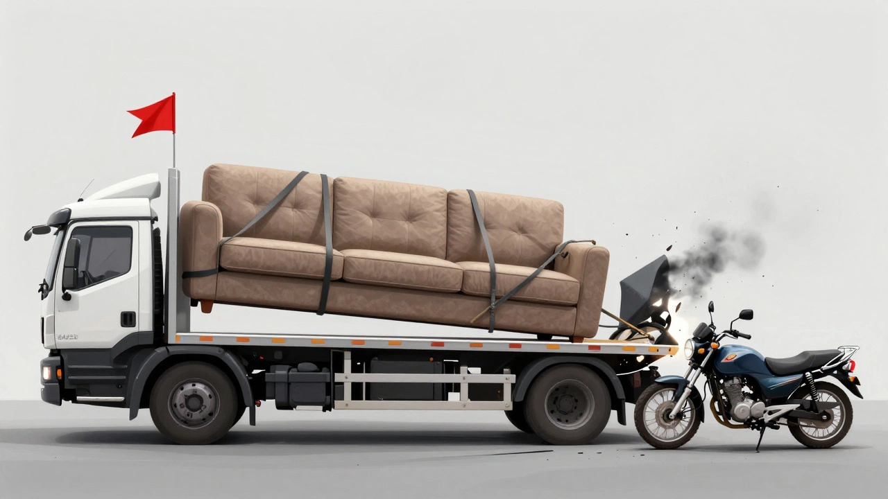 Сравнение безопасного и опасного способа перевозки мебели на Газели: с флагом и без него.