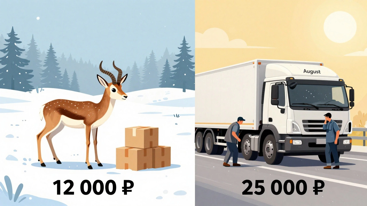 Сравнение зимней и летней перевозки: маленькая Газель дешевле, большая фура дороже.
