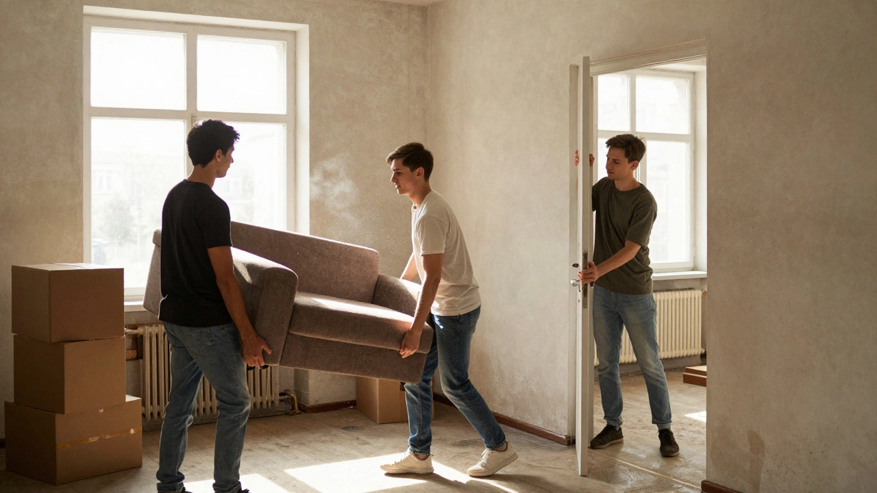 Три друга помогают друг другу перетаскивать мебель в старом доме, солнечный свет через окно, без машин.
