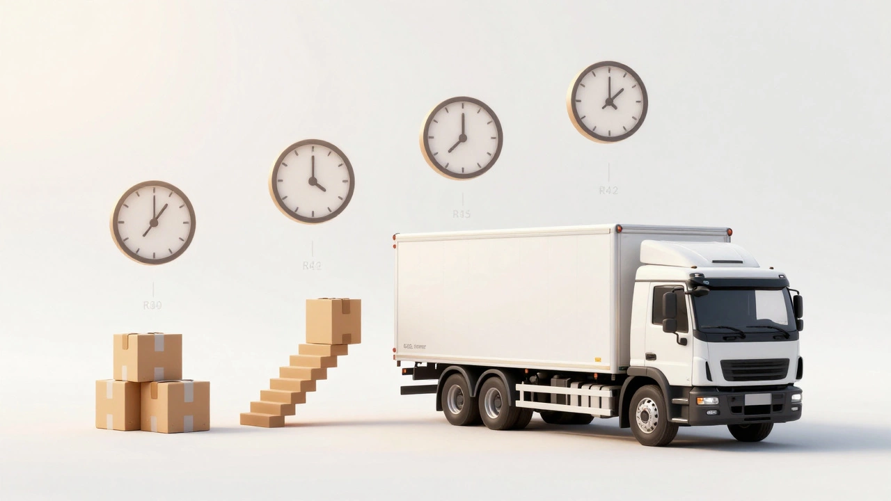 Визуализация стоимости перевозки мебели: объём, этажность, время и упаковка в виде элементов вокруг грузовика.