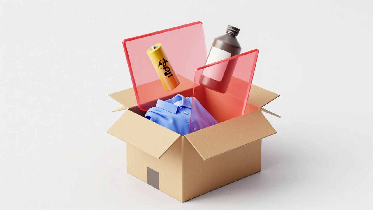 3D иллюстрация запрещенных предметов рядом с упакованной коробкой
