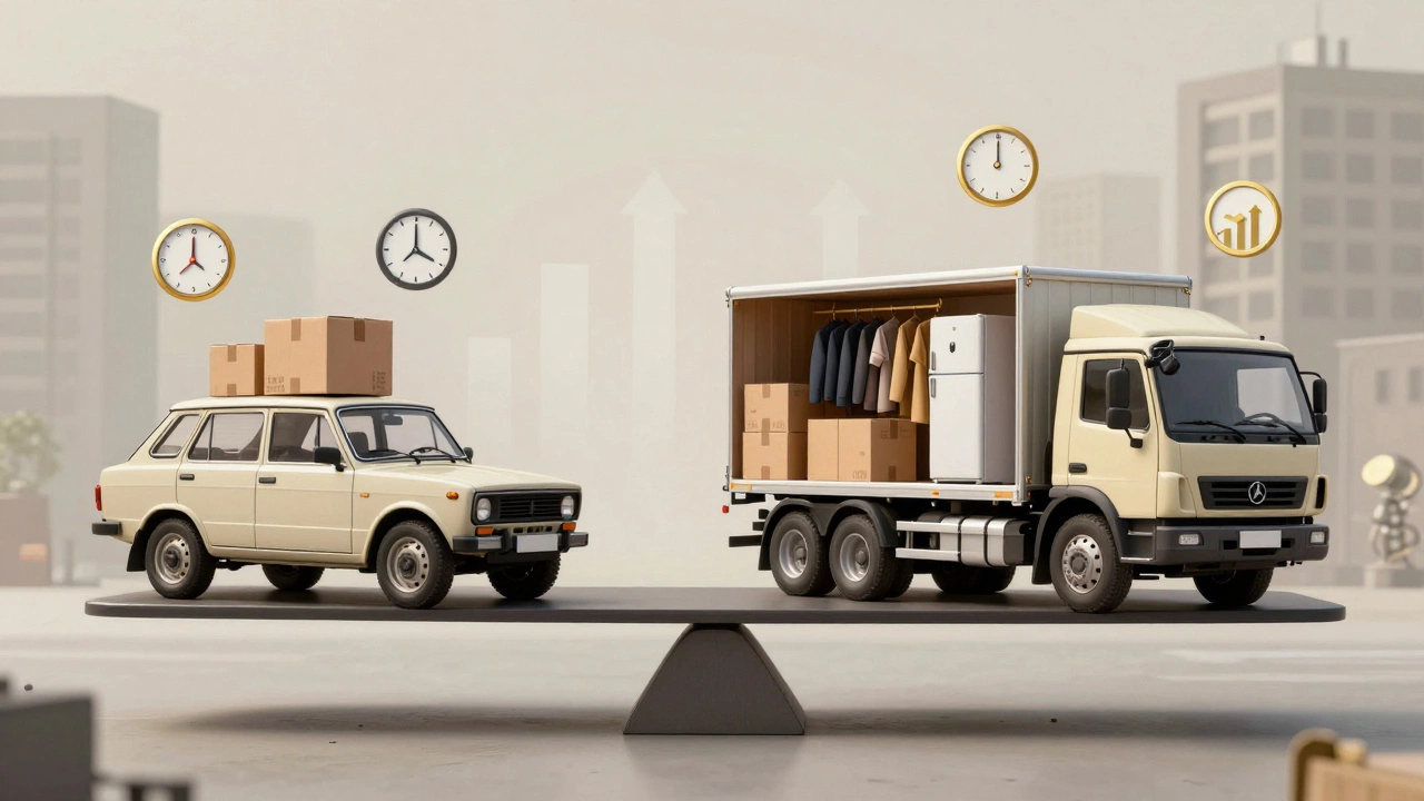 Баланс: маленький Лада 4x4 против вместительной Газели с символами времени, высоты и выходных.