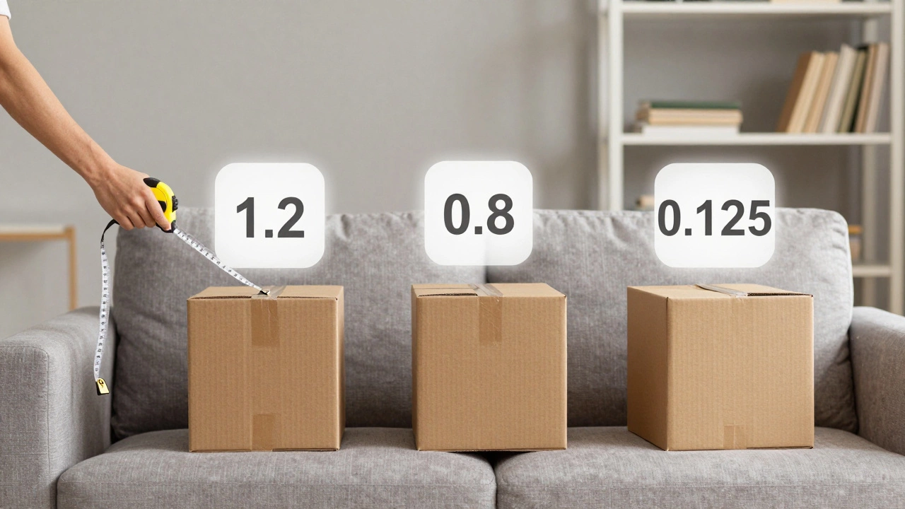 Человек измеряет мебель и коробки, над предметами висят обозначения кубометров.
