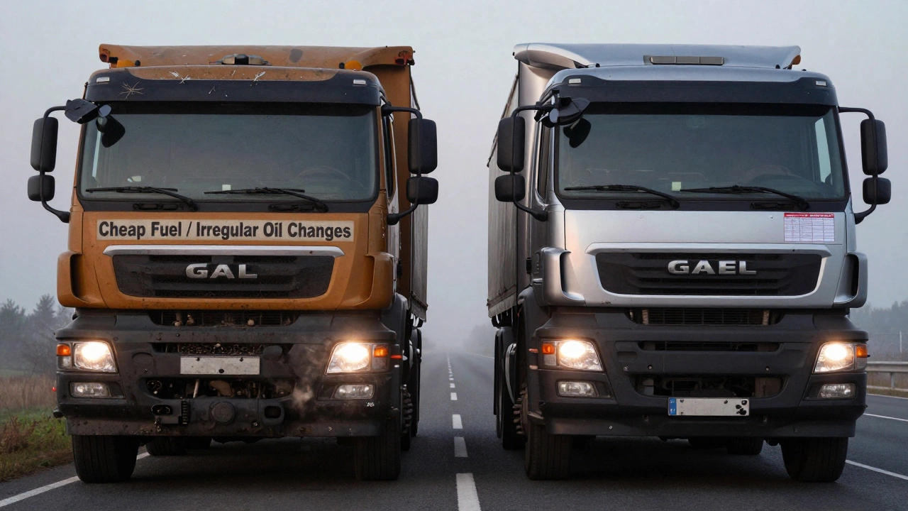 Два грузовика ГАЗель: один с дымящим мотором и грязным маслом, другой — с чистым двигателем и графиком ТО, на фоне туманной дороги.