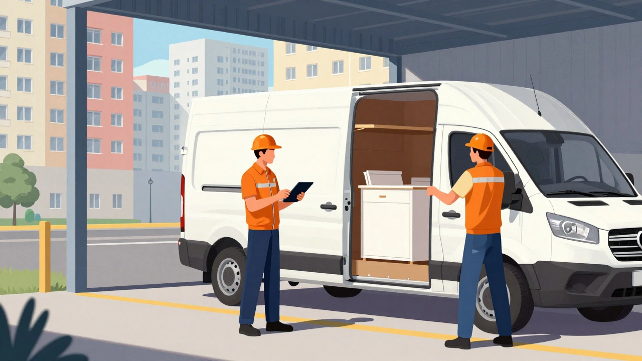 Команда логистов в Екатеринбурге загружает грузовик и планирует маршрут у склада.