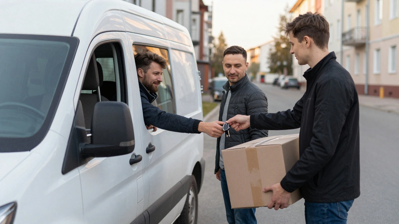 Пользователь передаёт ключи водителю грузовика утром, друг помогает загрузить вещи.