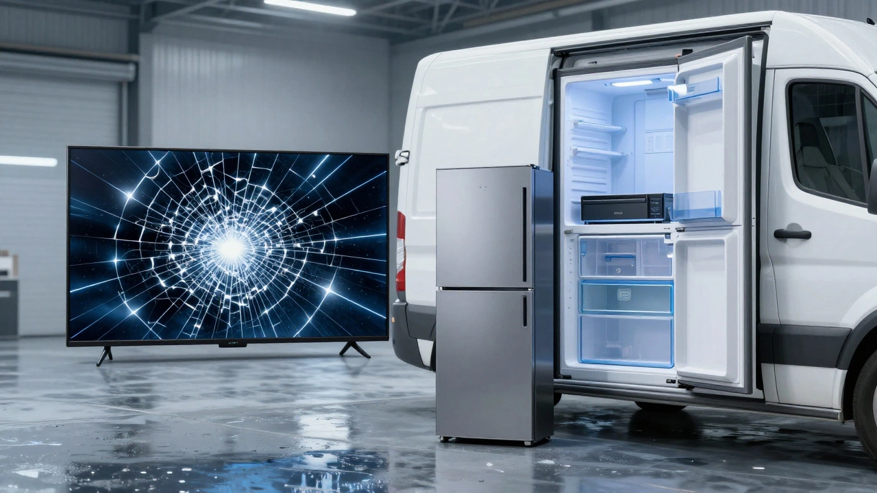 Повреждённый телевизор и холодильник на полу рядом с новым прибором в изолированном грузовике — последствия неправильной перевозки.
