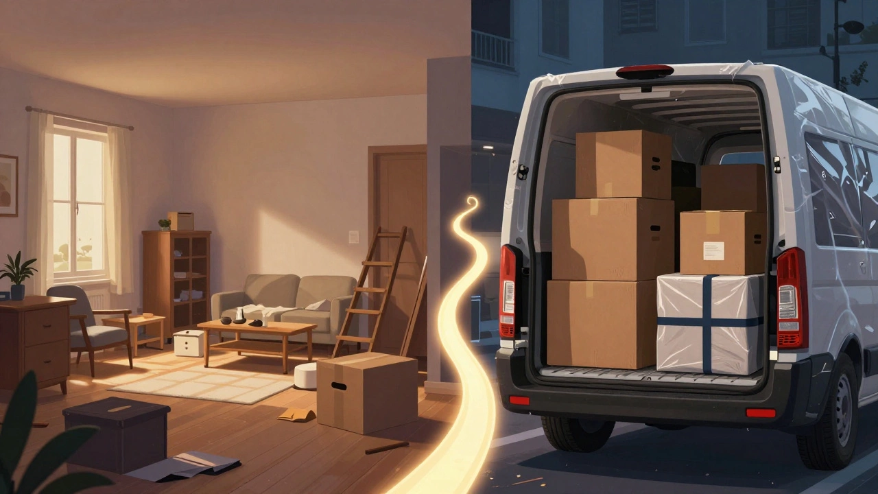 Разделённая сцена: пустая квартира и мебель в грузовике — символ переезда.