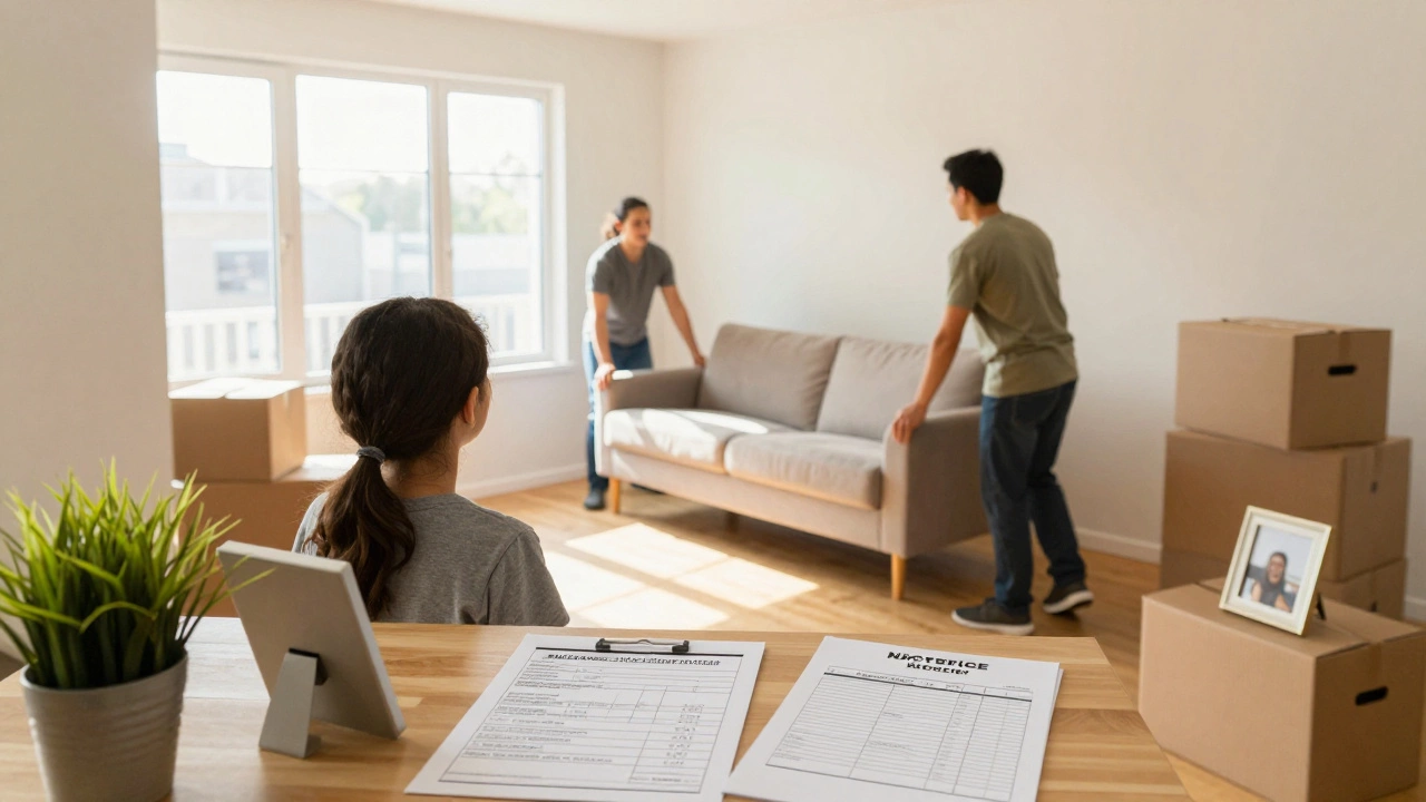 Семья наблюдает, как грузчики выгружают диван в новой квартире, видны документы и солнечный свет.