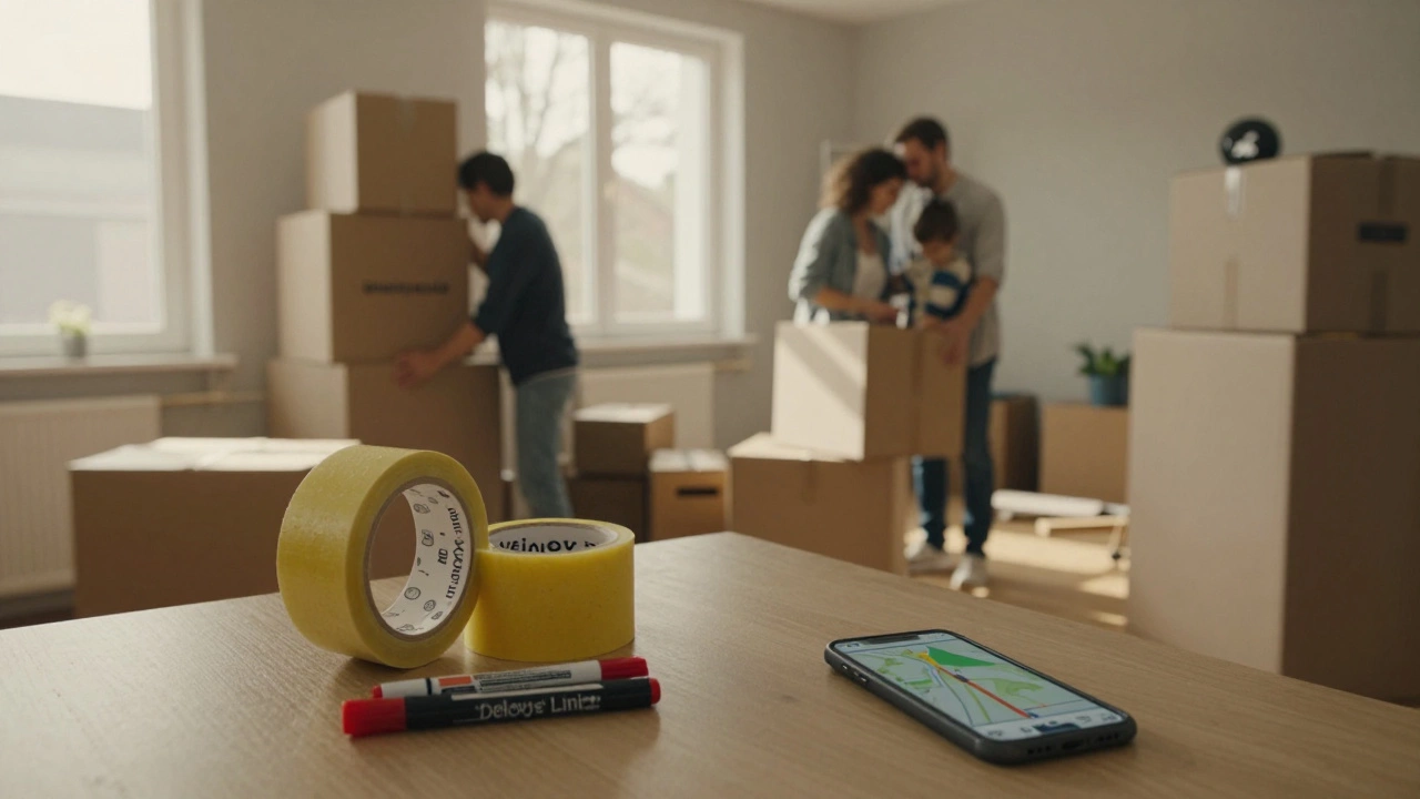 Семья распаковывает вещи в новой квартире, на столе — упаковочные материалы Деловые линии.