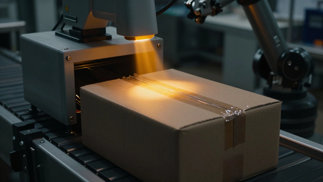 Сканер безопасности проверяет посылку на конвейере склада