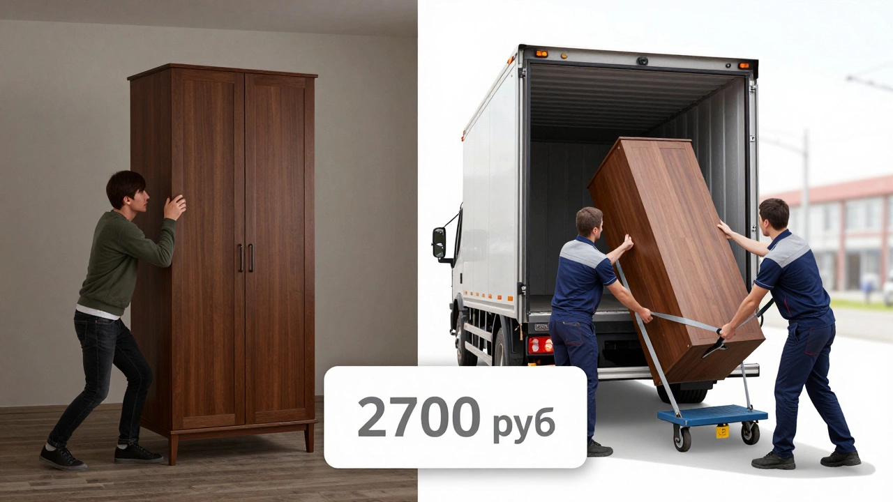 Сравнение: человек один пытается поднять шкаф vs профессионалы с оборудованием загружают Газель.