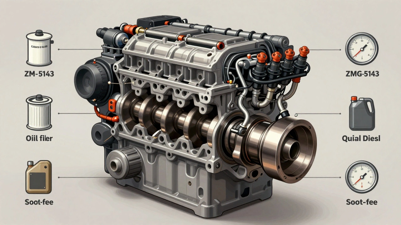 Технический разрез дизельного двигателя ЗМЗ-5143 с выделенными компонентами и символами обслуживания: фильтр, топливо, температура.