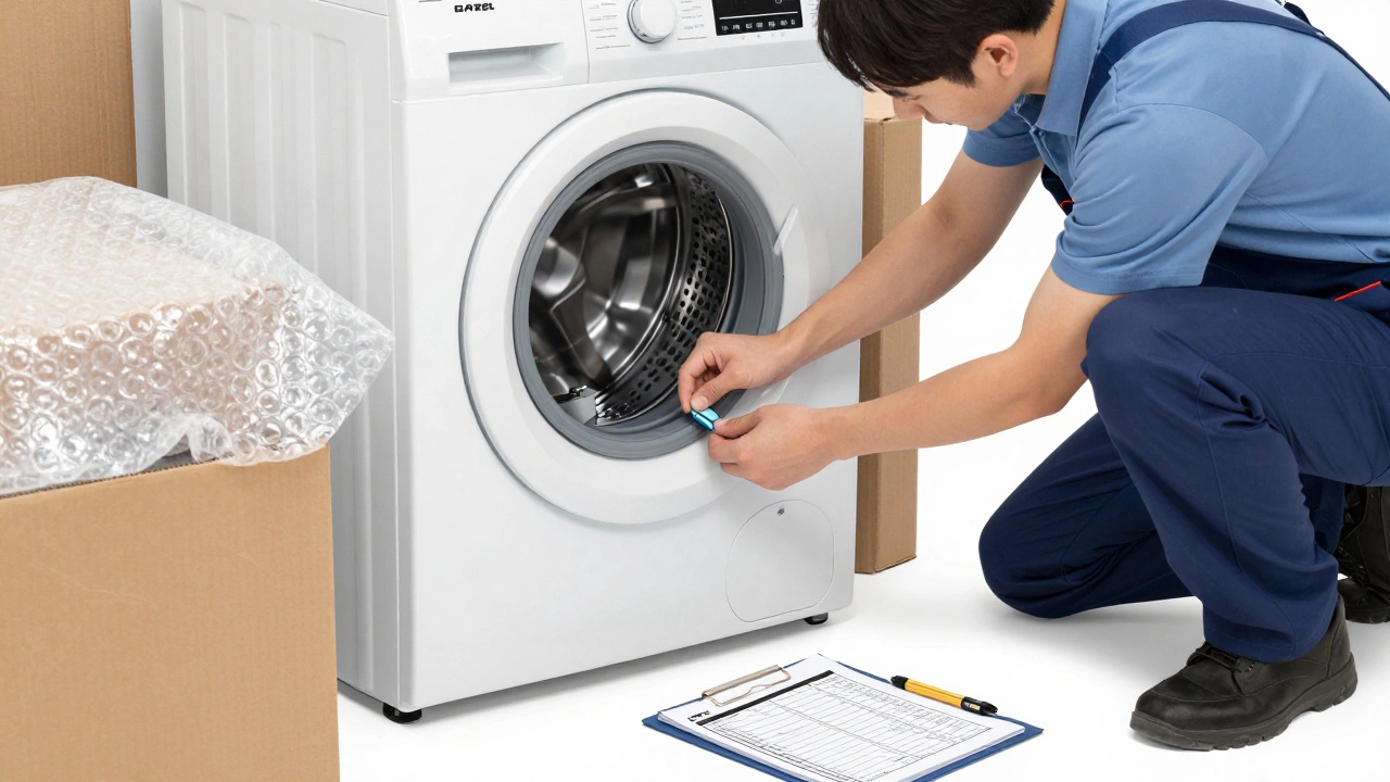 Техник снимает транспортировочные болты со стиральной машины в кузове Газели, упакованной в пузырчатую плёнку.