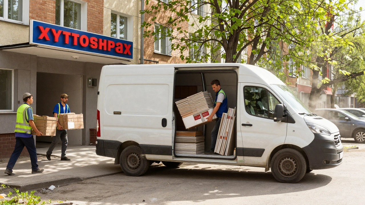 Водитель разгружает строительные материалы из Газели у дома в Екатеринбурге, весна, солнечный день.