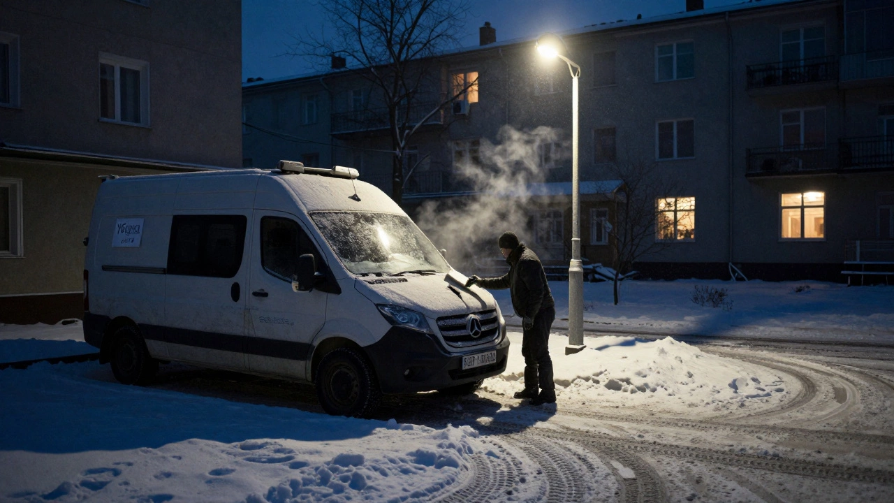 Зимний вечер: Газель с снегом во дворе, водитель подметает снег в кузов, уличный фонарь освещает сцену.