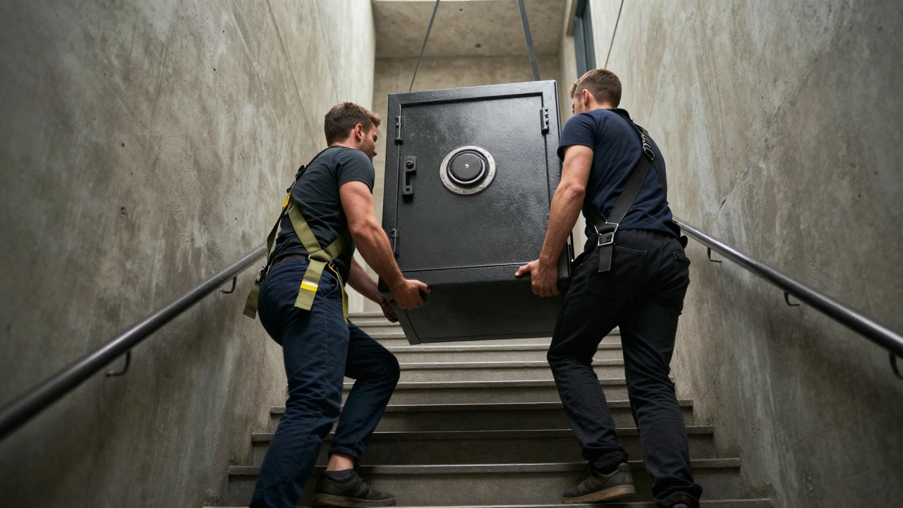 Грузчики используют специальные ремни-захваты для подъема тяжелого сейфа по лестнице