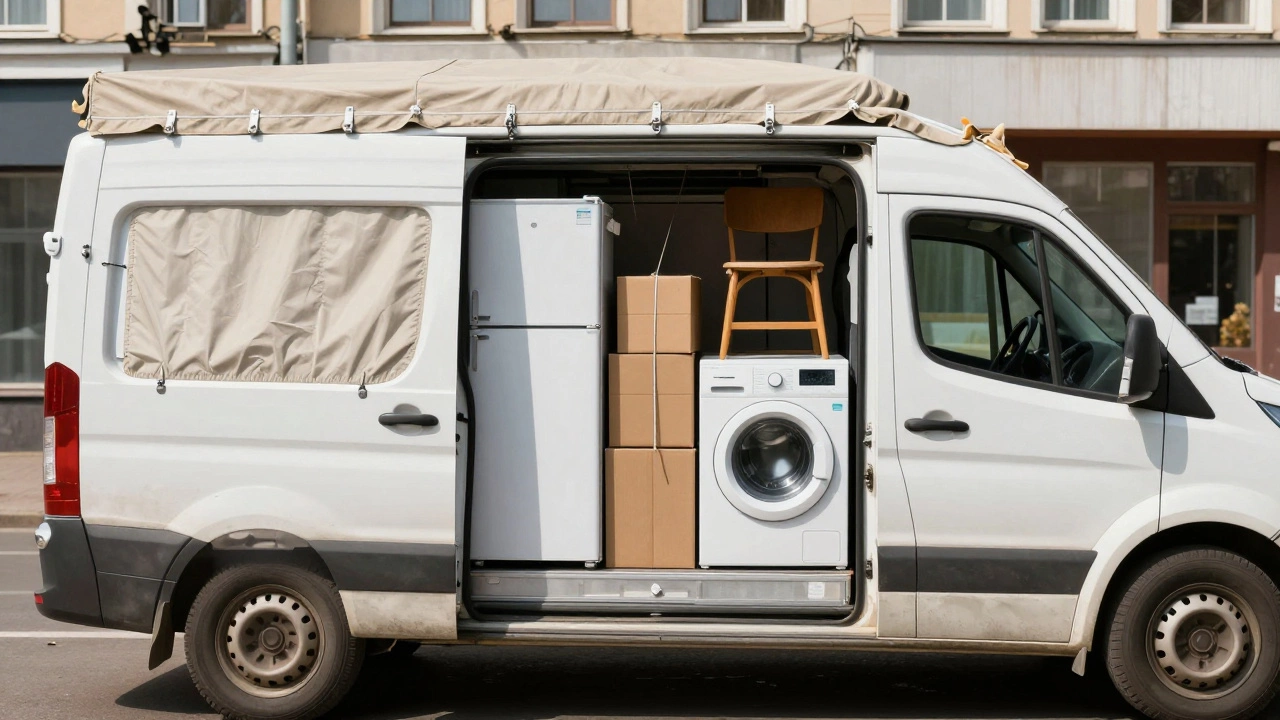 Грузовик Газель с тентом, плотно загруженный мебелью