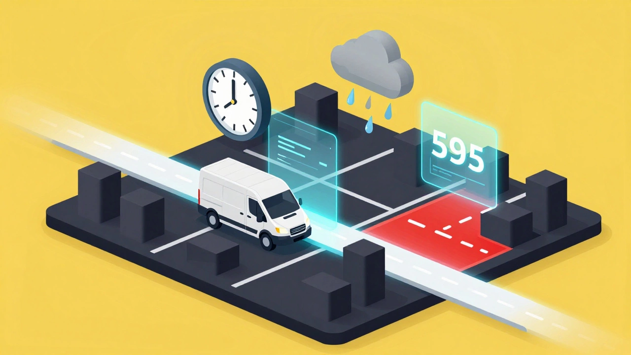 Концептуальное изображение расчета стоимости перевозки с учетом пробок, погоды и времени.