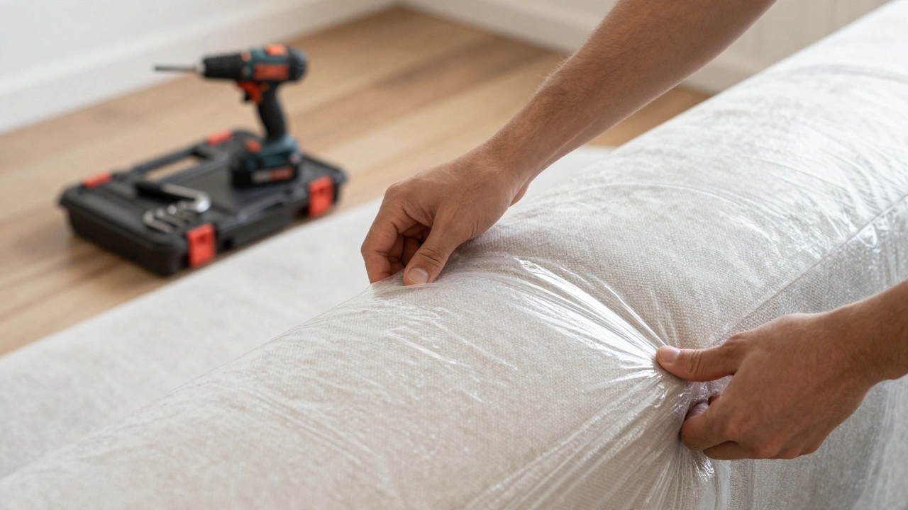 Процесс упаковки дивана в стретч-пленку для защиты мебели при переезде