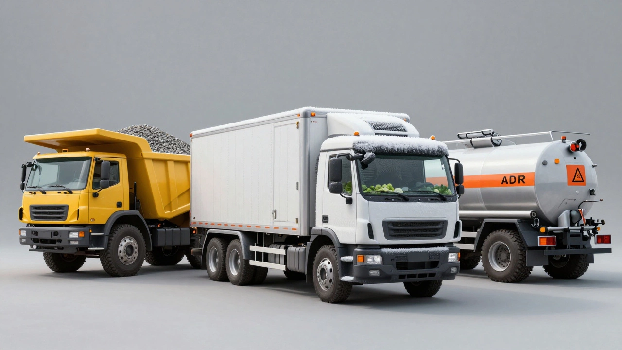 Различные типы транспорта: рефрижератор, самосвал и цистерна для опасных грузов