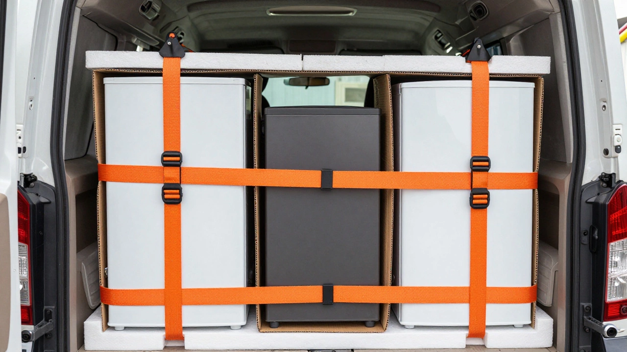 Закрепленная ремнями бытовая техника в грузовике с защитными прокладками из картона