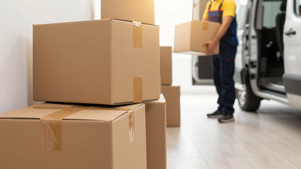 Запечатанные картонные коробки в прихожей, готовые к погрузке в грузовой автомобиль.