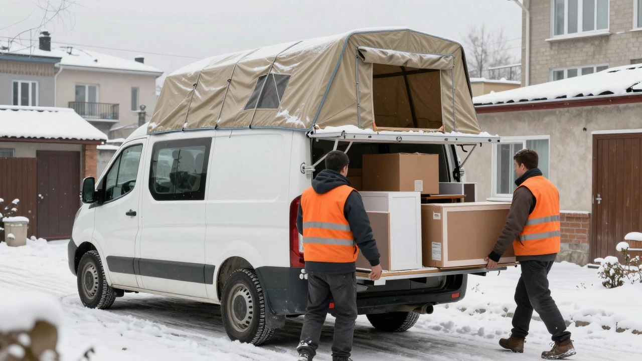 Загрузка мебели в Газель с тентом зимой рабочими в двор жилого дома