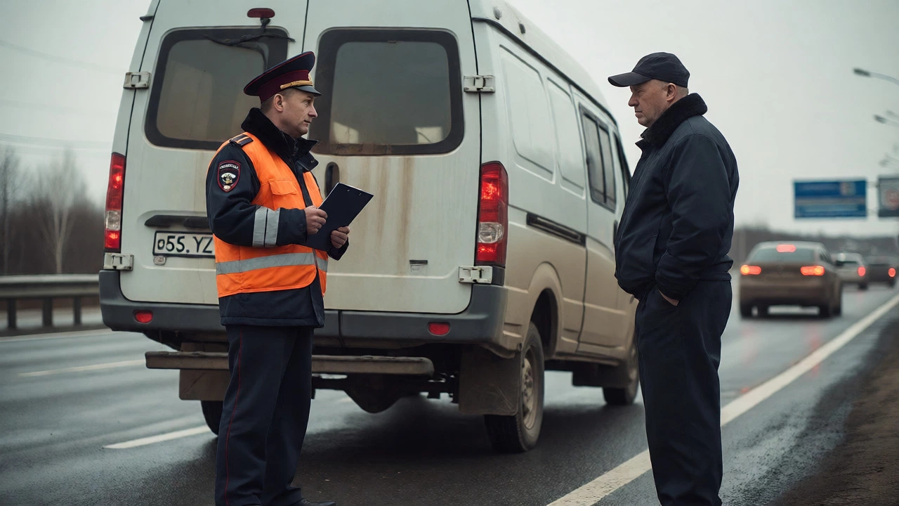 Инспектор ГИБДД проверяет перегруженную Газель на трассе