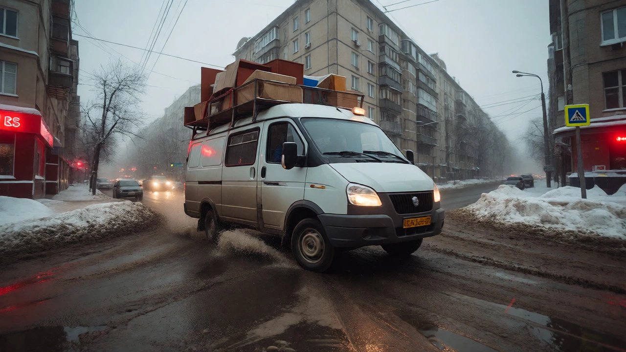 Перегруженная Газель маневрирует по зимней городской дороге